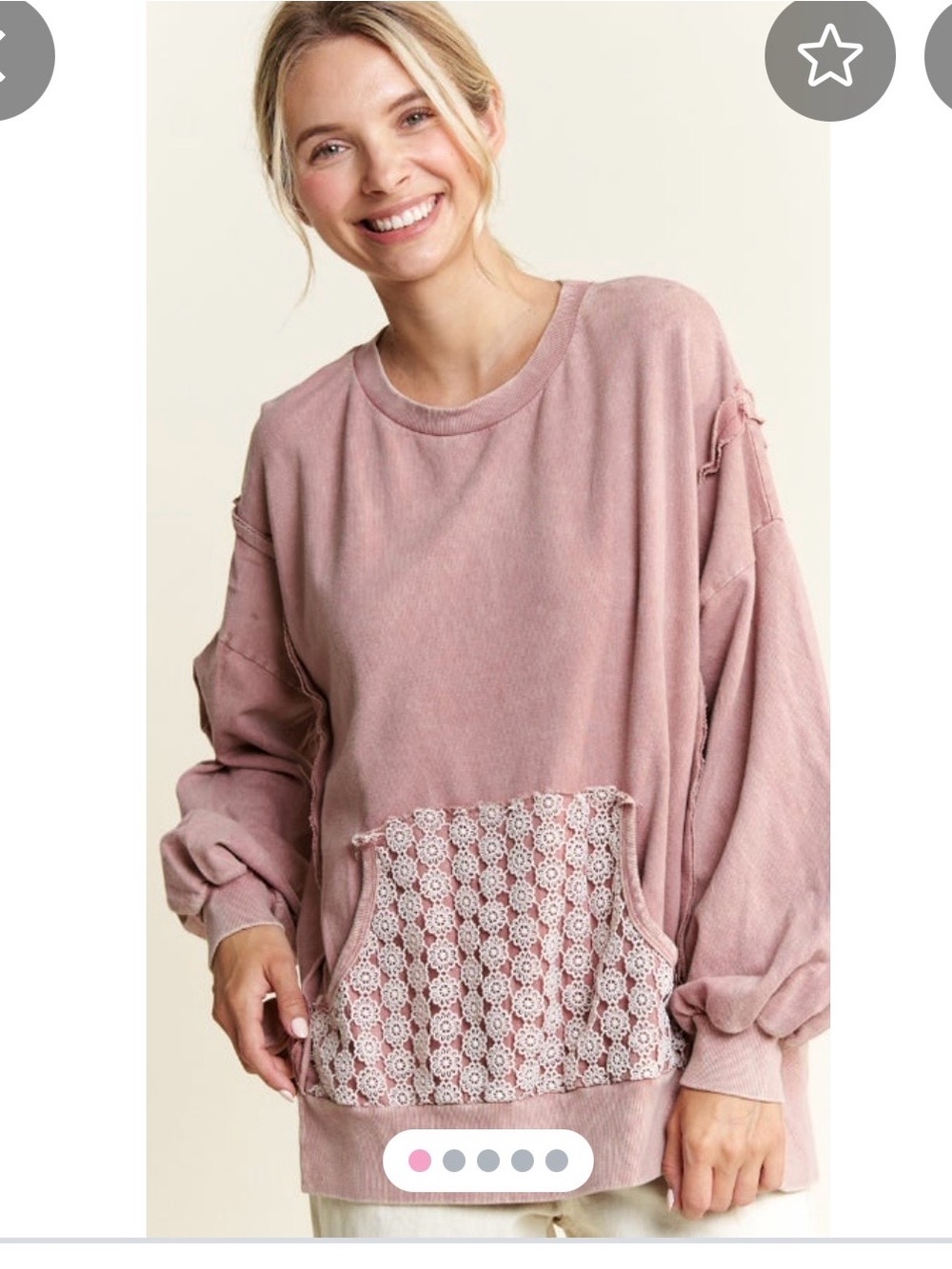 Washed Rose Lace Pocket Pullover Sweatshirt